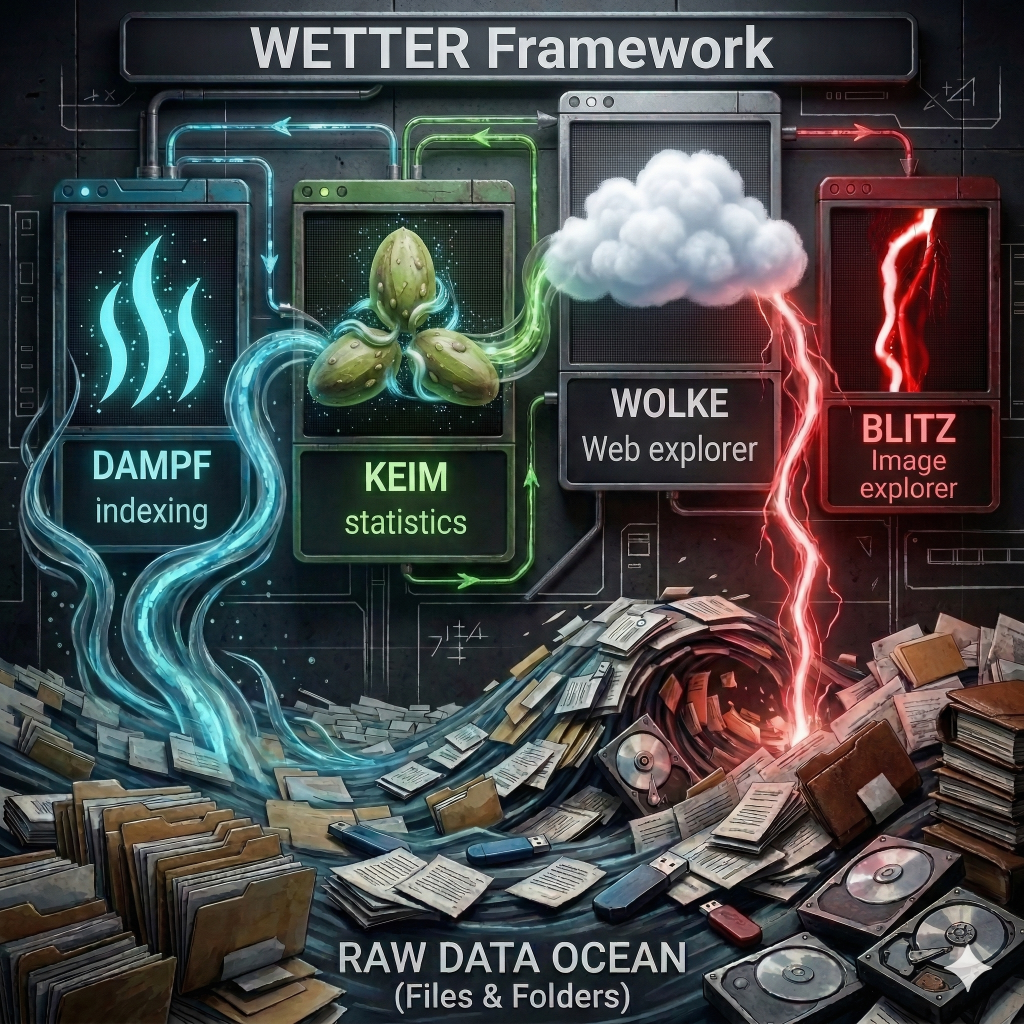 WETTER pipeline showing DAMPF, KEIM, WOLKE, and BLITZ