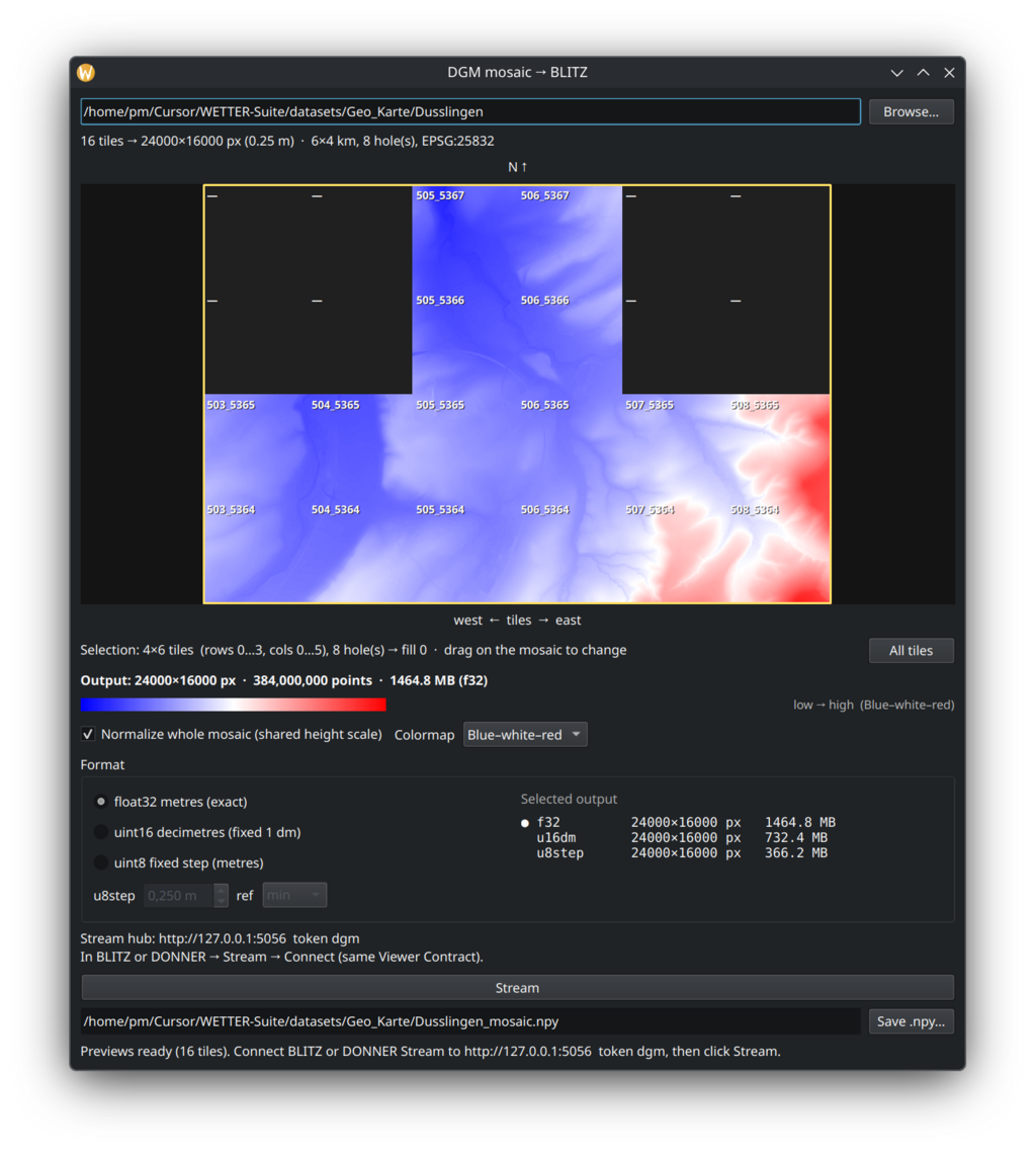 DGM mosaic tiling GeoTIFF elevation tiles for a viewer stream