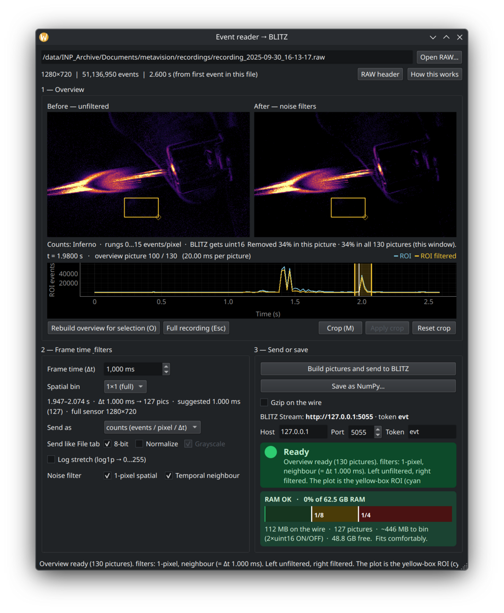 Event camera Streamer converting camera raw to a viewer stream